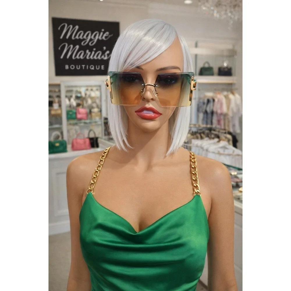 Sunglasses‎ Women Green Oversized Geometric Soft Handles